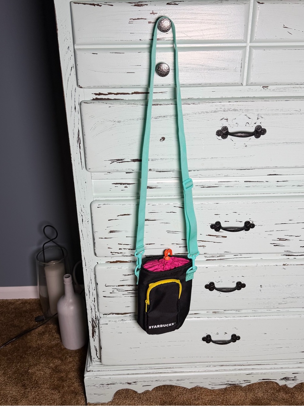 Starbucks Black Crossbody Water Bottle Bag with Teal Strap and Yellow Trim